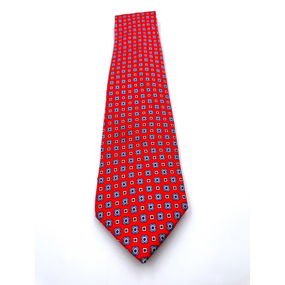 Vintage Brooks Brothers Makers Red Geometric Silk Tie Blue/White Floral USA 60"